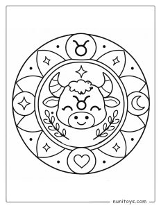 aurus mandala coloring page combining minimal details and friendly zodiac symbols