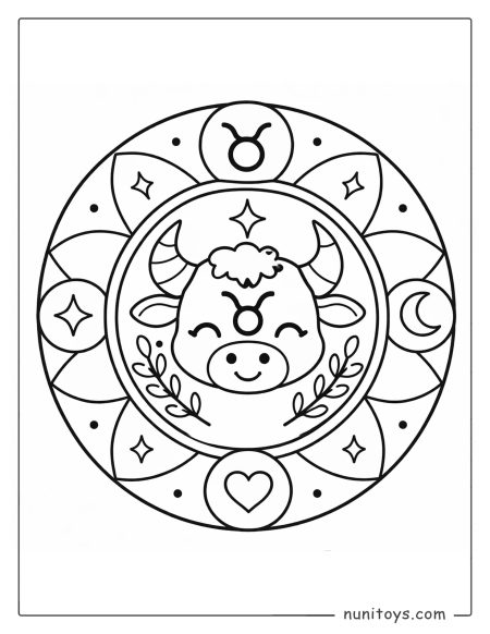 aurus mandala coloring page combining minimal details and friendly zodiac symbols