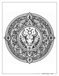 Taurus mandala coloring page combining precise symmetry and grounded geometric elements