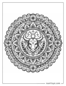 Taurus mandala coloring page featuring bull symbol within layered circular geometry