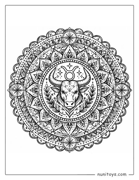 Taurus mandala coloring page featuring bull symbol within layered circular geometry