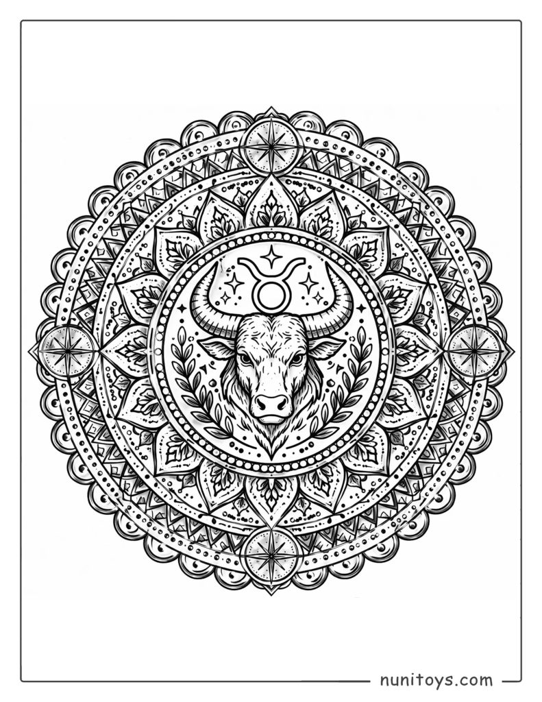 Taurus mandala coloring page featuring bull symbol within layered circular geometry