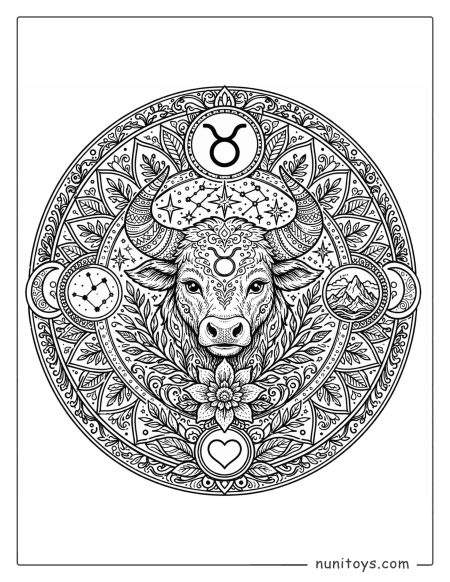 Taurus mandala coloring page featuring detailed linework and complex bull symbolism