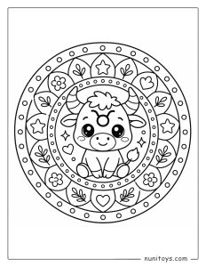 Taurus mandala coloring page featuring playful shapes and easy symmetry for kids