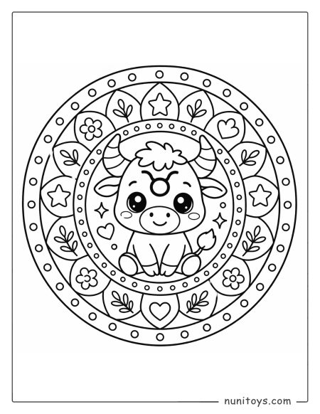 Taurus mandala coloring page featuring playful shapes and easy symmetry for kids