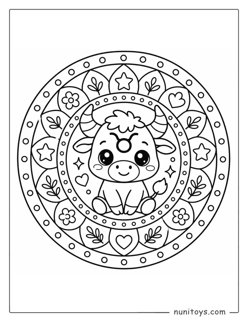 Taurus mandala coloring page featuring playful shapes and easy symmetry for kids
