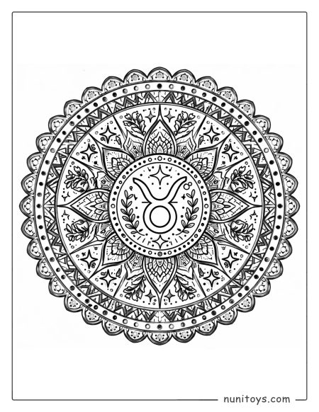 Taurus mandala coloring page with bold geometric symmetry and structured radial patterns