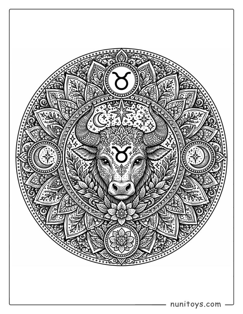 Taurus mandala coloring page with dense patterns and intricate symmetrical layers