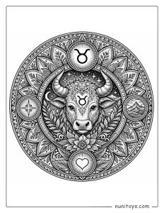 Taurus mandala coloring page with fine textures and deep circular composition structure