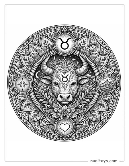 Taurus mandala coloring page with fine textures and deep circular composition structure