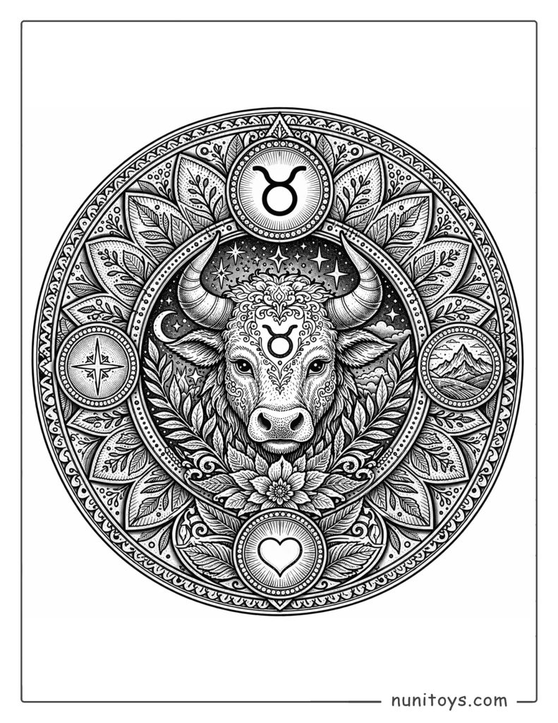 Taurus mandala coloring page with fine textures and deep circular composition structure