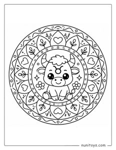 Taurus mandala coloring page with fun patterns and easy-to-color balanced layout