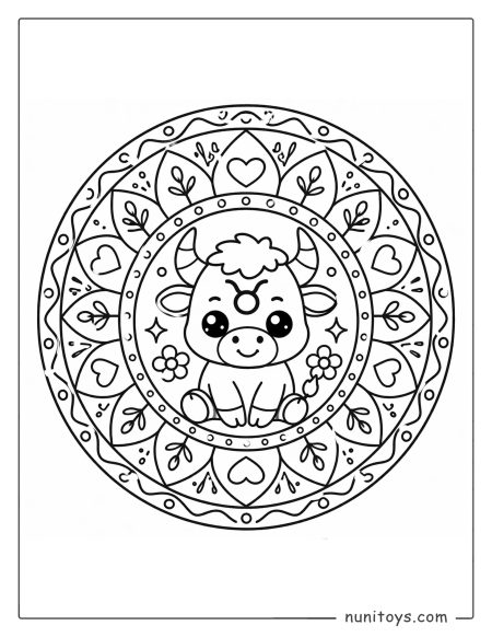 Taurus mandala coloring page with fun patterns and easy-to-color balanced layout