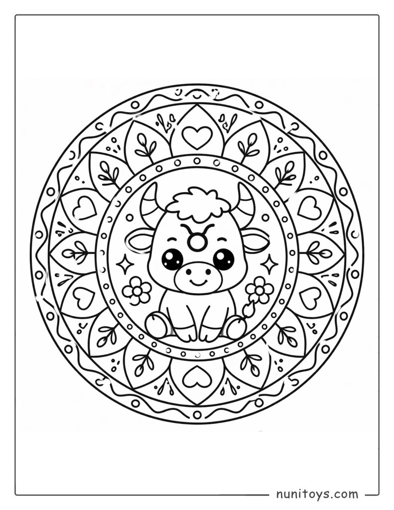 Taurus mandala coloring page with fun patterns and easy-to-color balanced layout
