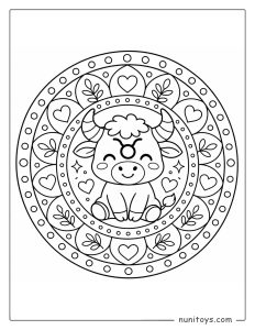 Taurus mandala coloring page with smiling animal design and soft rounded elements