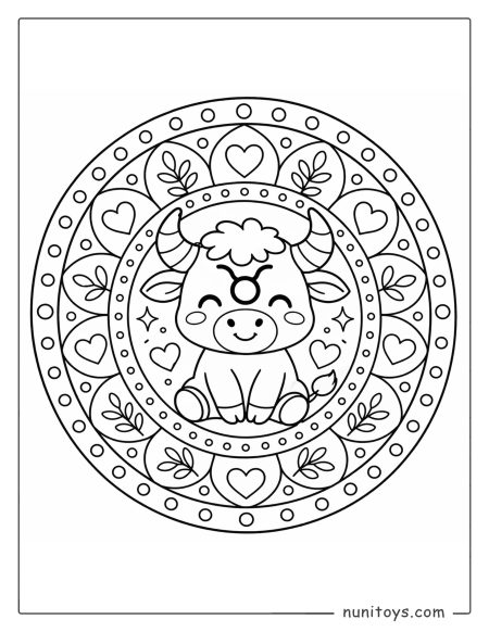 Taurus mandala coloring page with smiling animal design and soft rounded elements