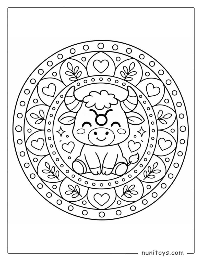 Taurus mandala coloring page with smiling animal design and soft rounded elements