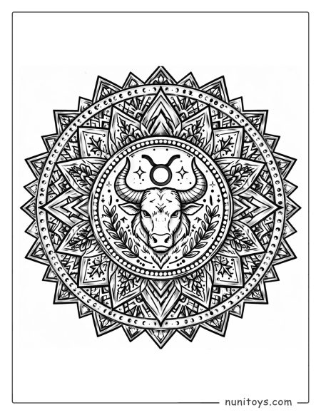 Taurus mandala coloring page with strong angular shapes and balanced mandala composition