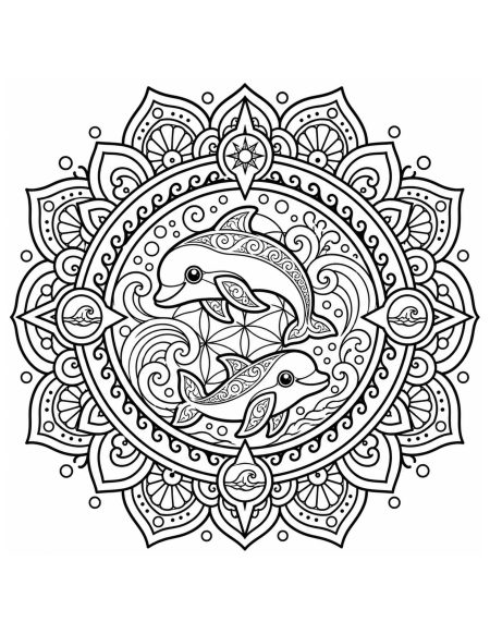 Two Vaquitas Swimming in Ocean Mandala Coloring Page