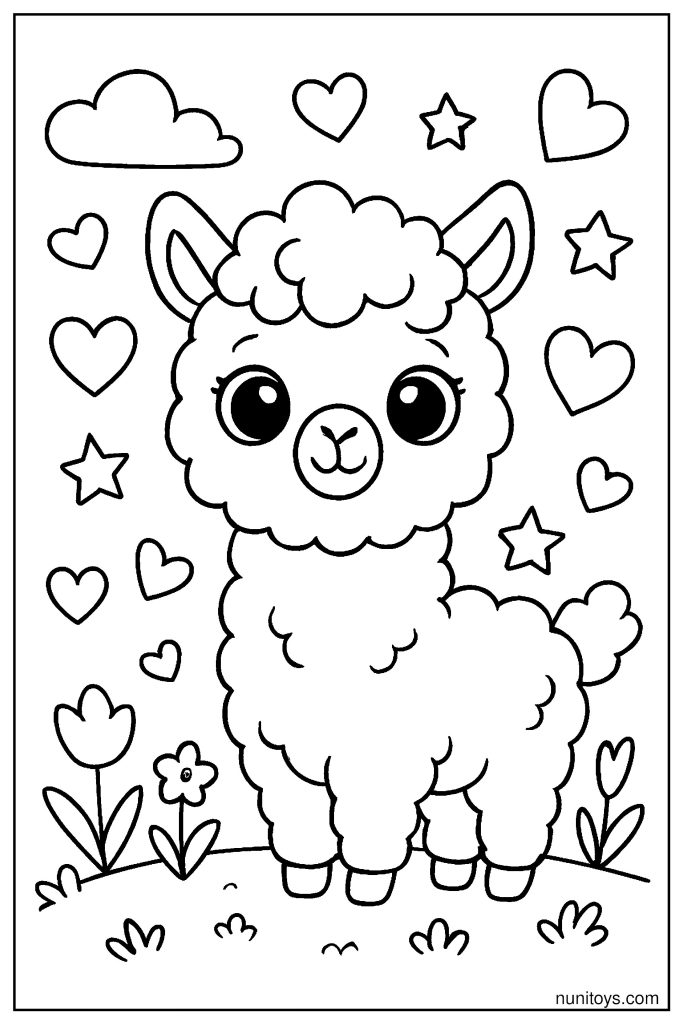 דף צביעה אלפקה חמודה מוקפת לבבות וכוכבים