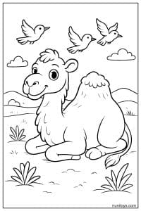 Camel Coloring Page with Birds Flying Above