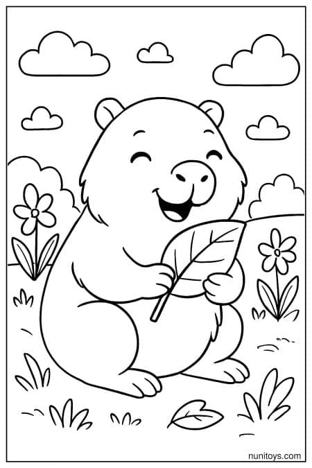 Capybara holds leaf while sitting in grassy area Coloring Page