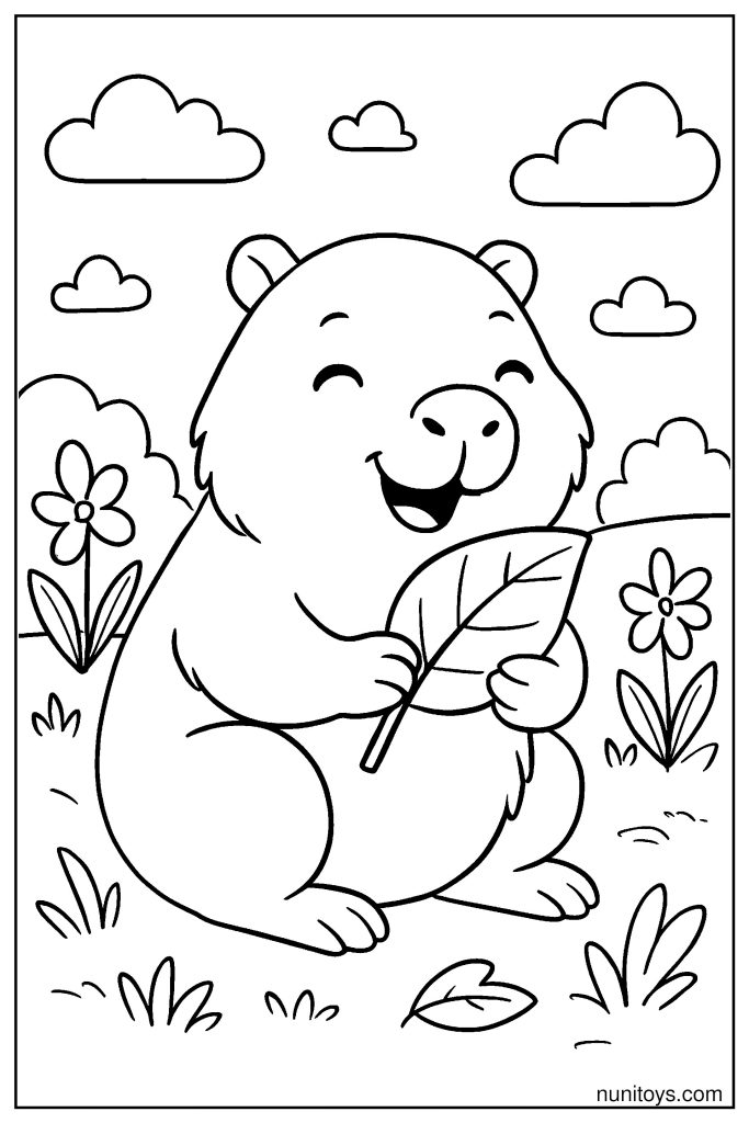 Adorable Capybara Holding Leaf Snack Coloring Page