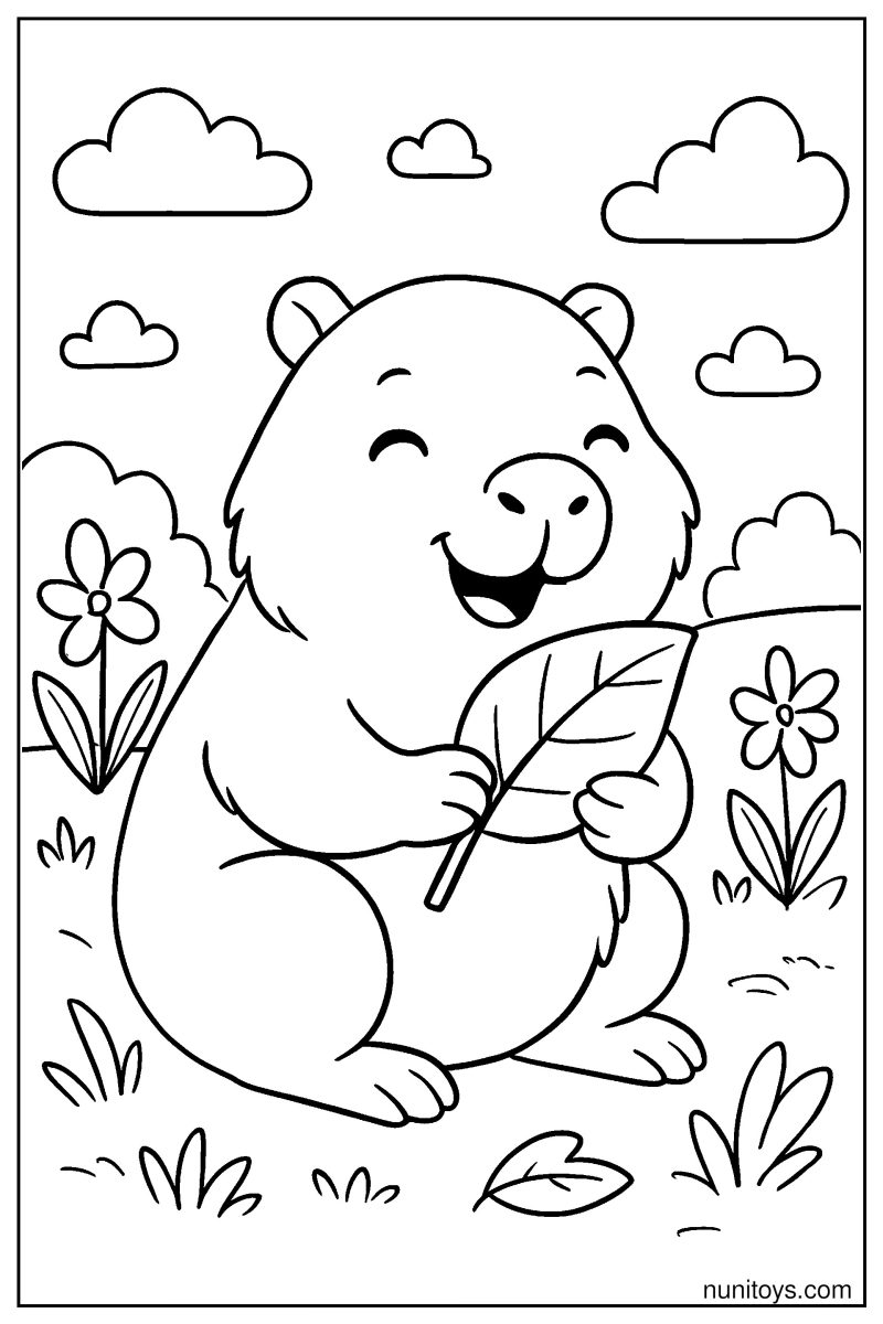 Adorable Capybara Holding Leaf Snack Coloring Page