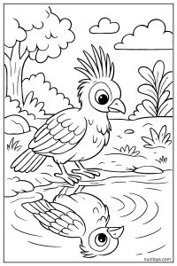 דף צביעה ציפור הואצין מביטה בהשתקפות במים