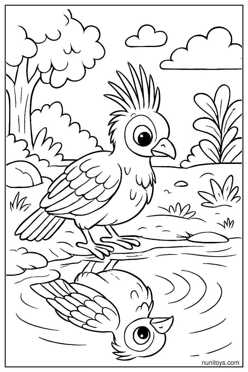 דף צביעה ציפור הואצין מביטה בהשתקפות במים