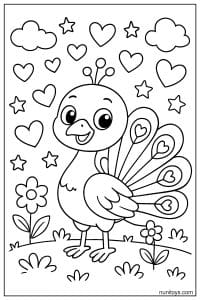 דף צביעה טווס קטן עם זנב בצורת לבבות וכוכבים סביב