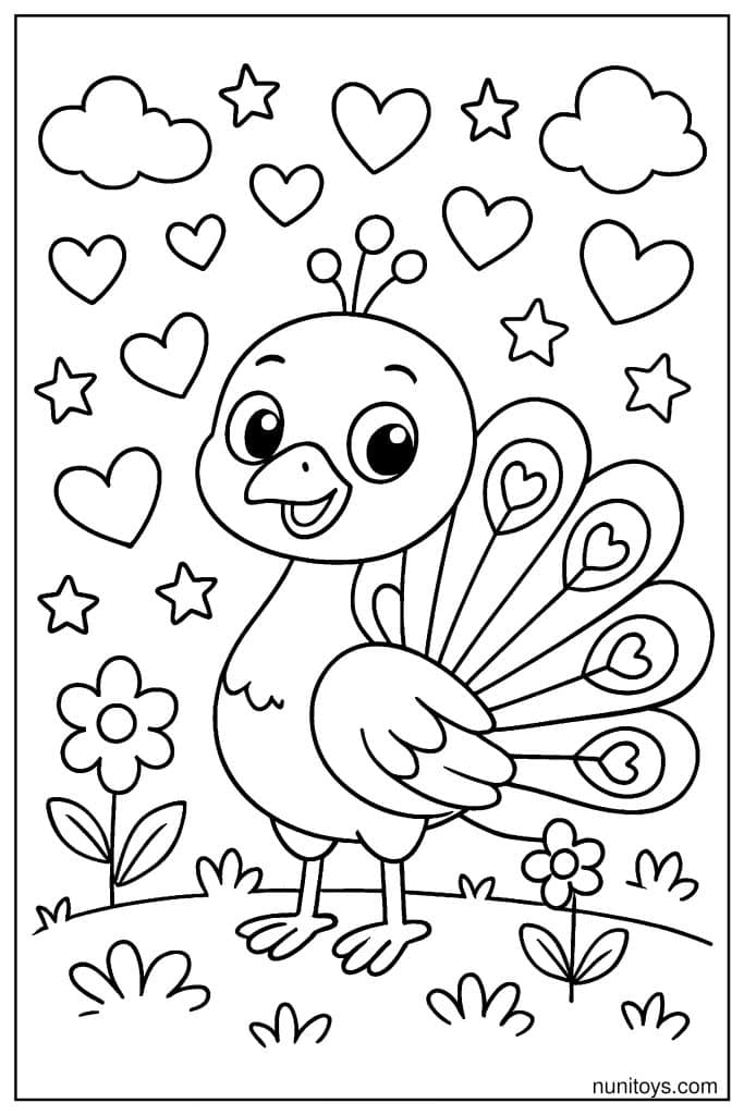 דף צביעה טווס קטן עם זנב בצורת לבבות וכוכבים סביב