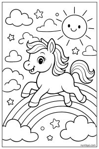 Adorable Pony Running Happily Across a Rainbow Sky Coloring Page
