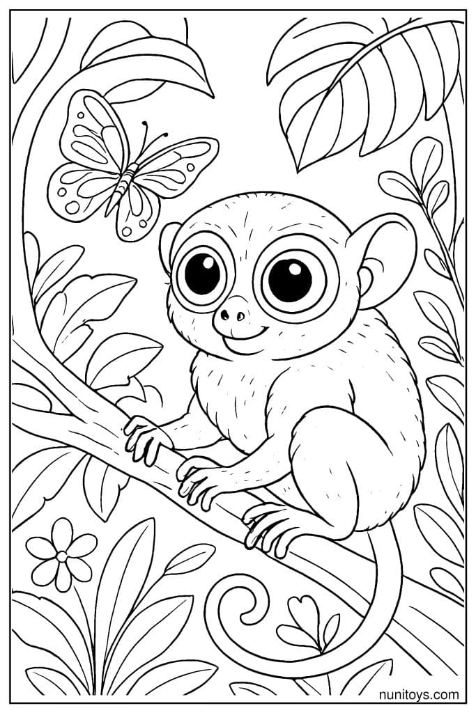 Tarsier Coloring Sheet with Butterfly and Leaves