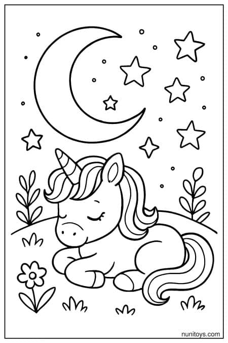 Sleeping Unicorn Coloring Page Under Moon and Stars