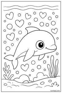 Adorable Vaquita Amid Floating Hearts and Bubbles Coloring Page