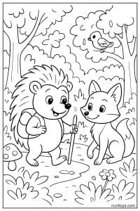 דף צביעה של קיפוד עם מקל פוגש שועל בשביל היער