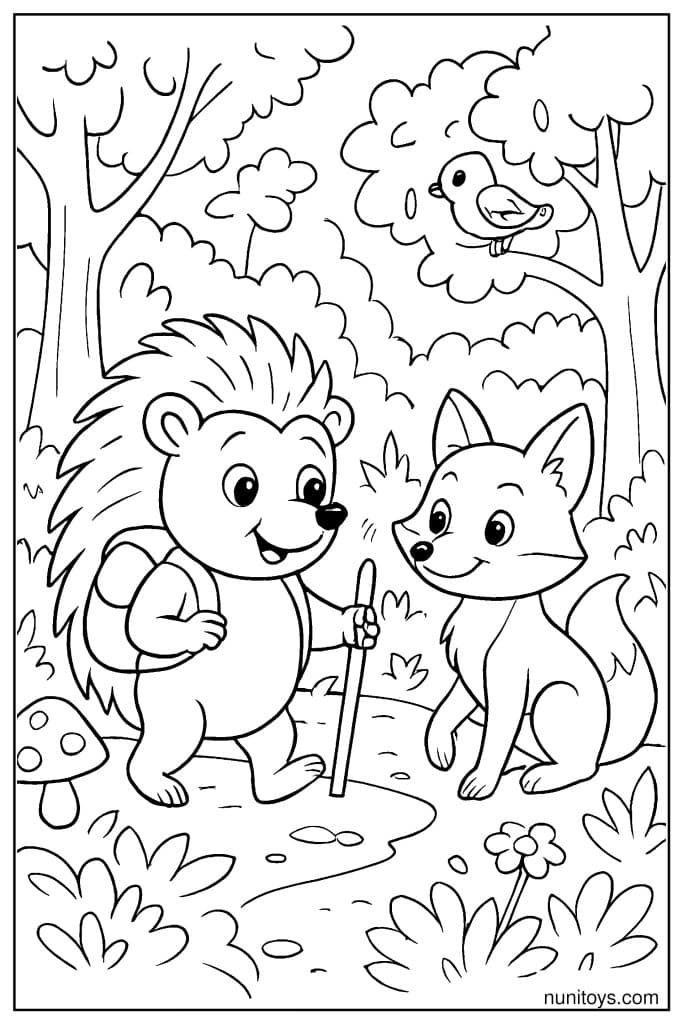 דף צביעה של קיפוד עם מקל פוגש שועל בשביל היער