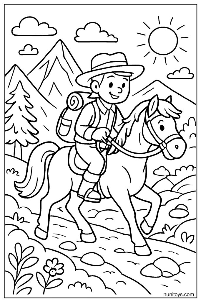 Adventurous Horse Climbing Mountain Path Coloring Page