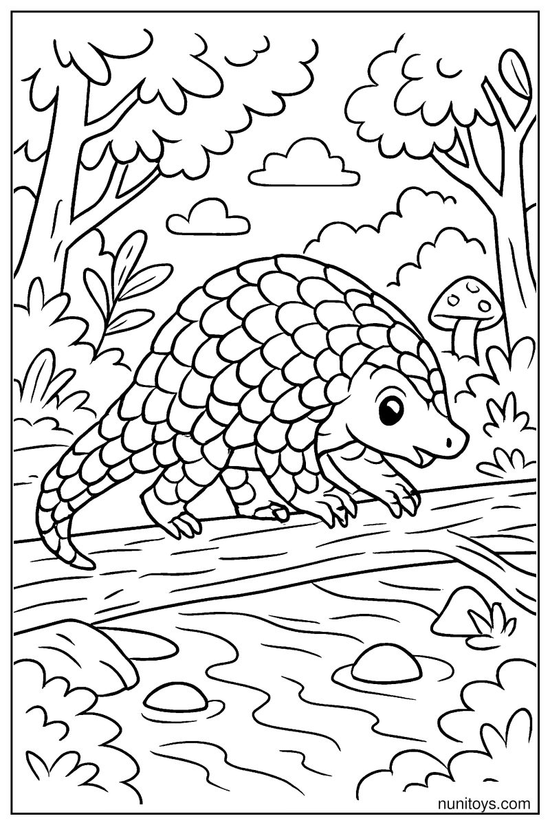 דף צביעה פנגולין הולך על גזע עץ מעל נחל ביער