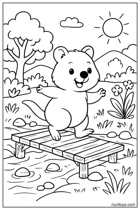 Quokka balances on wooden bridge over calm water Coloring Page