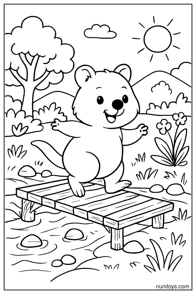 Adventurous Quokka Crossing a Wooden Bridge Coloring Page