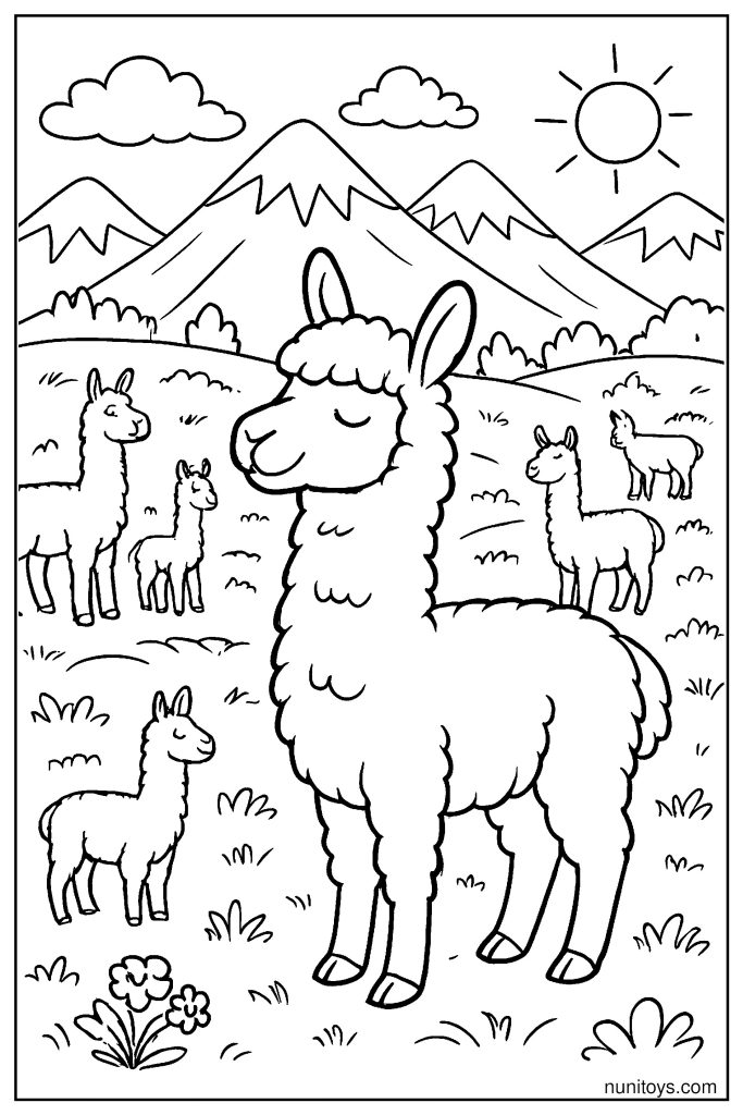 דף צביעה עדר אלפקות בשדה עם הרים ברקע