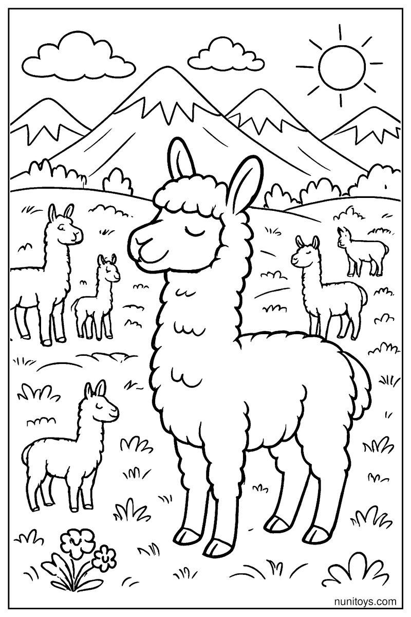 דף צביעה עדר אלפקות בשדה עם הרים ברקע