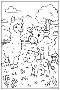 דף צביעה אלפקה עם פרה ועגל בשדה כפרי