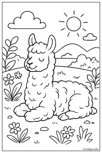 דף צביעה אלפקה נחה בשדה פרחים תחת שמש