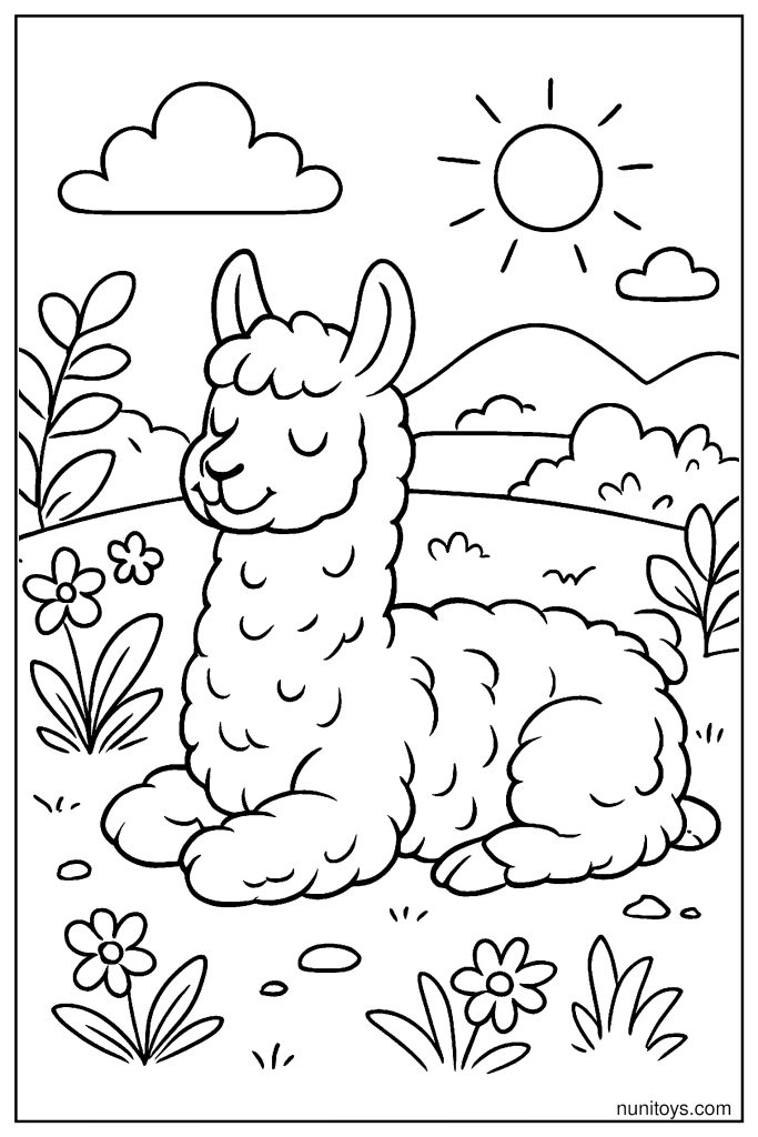 דף צביעה אלפקה נחה בשדה פרחים תחת שמש