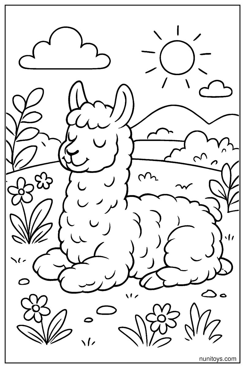 דף צביעה אלפקה נחה בשדה פרחים תחת שמש