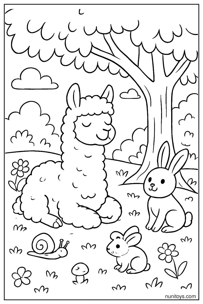 דף צביעה אלפקה יושבת עם ארנב ושבלול מתחת לעץ