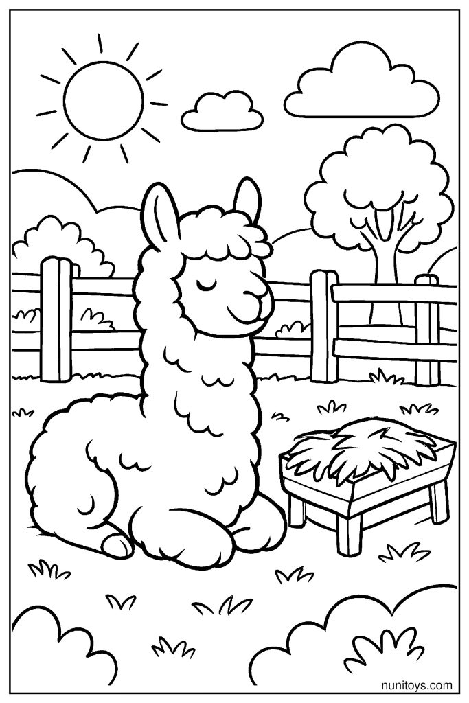 דף צביעה אלפקה יושבת ליד ערימת חציר בחווה